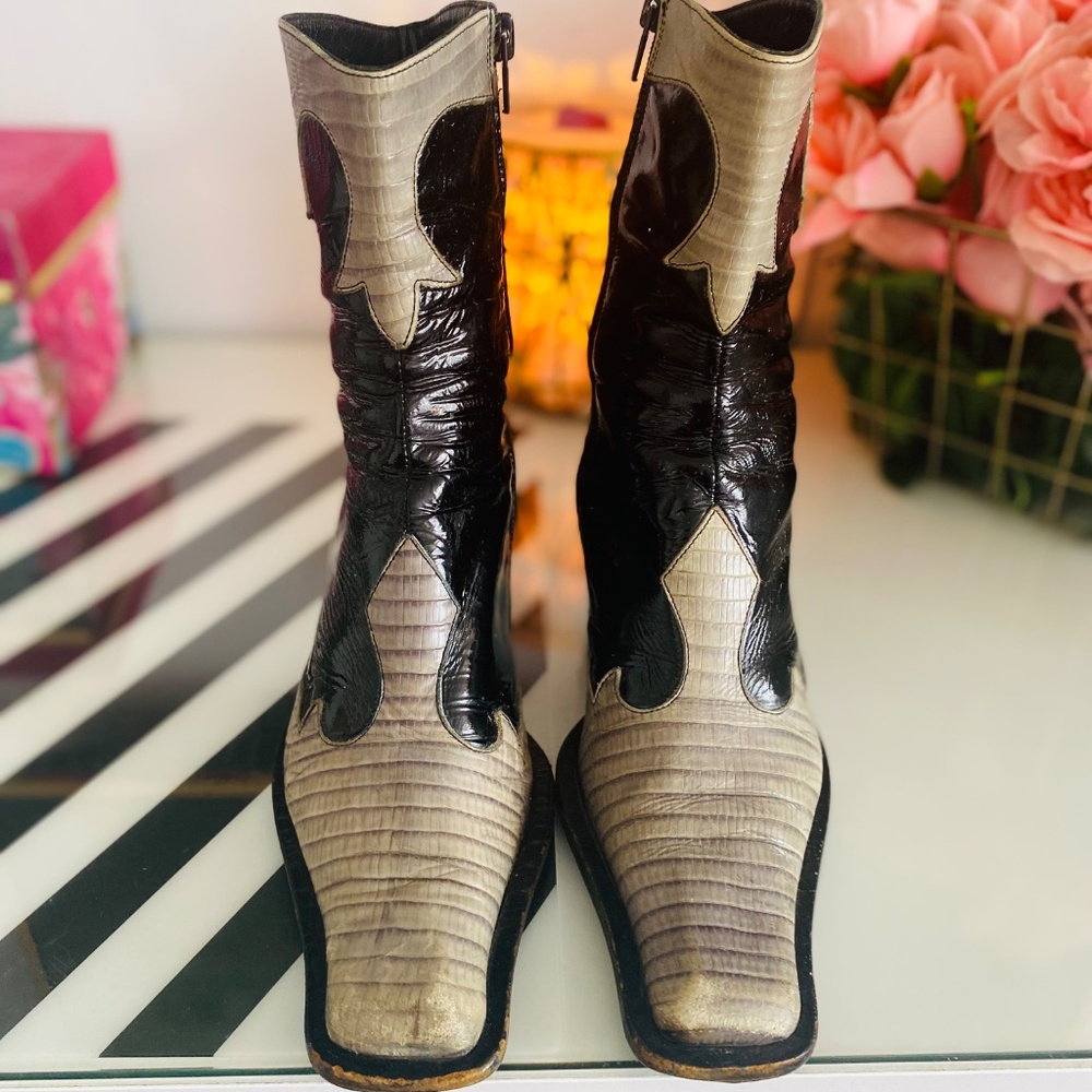 Juno Two Tone Black & Gray Reptile Patent Leather Embossed Boots